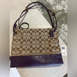 Coach Brown Signature Canvas double strap shoulder  with Purple Leather Trim